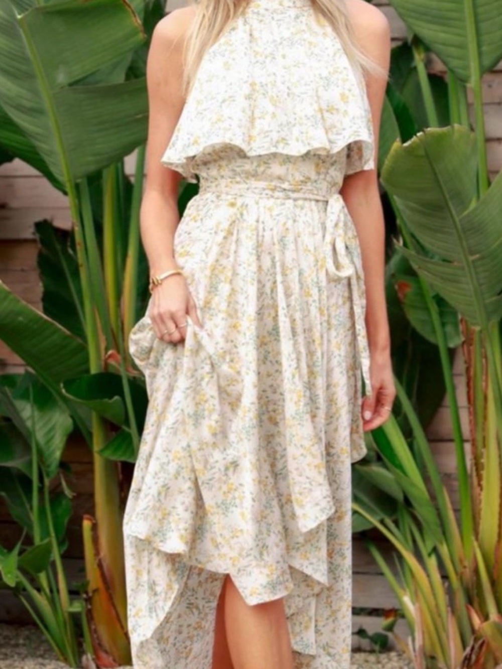 Bishop + Young Floral Hi-Low Maxi Dress Ruffle Sleeveless Size M Wedding Guest